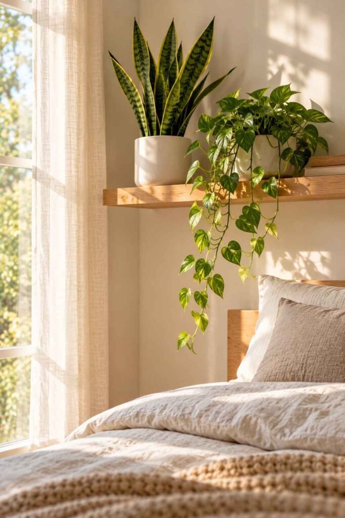 Snake plant and pothos in plain pots on a shelf in a bright Nordic bedroom