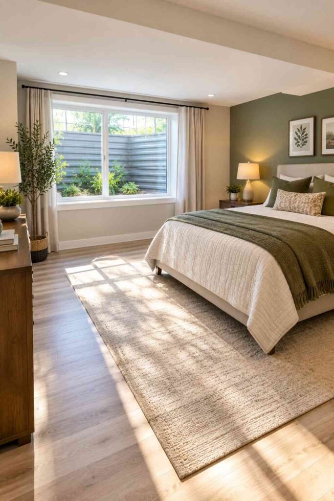 Egress window bringing daylight into a lower-level bedroom in a split foyer home