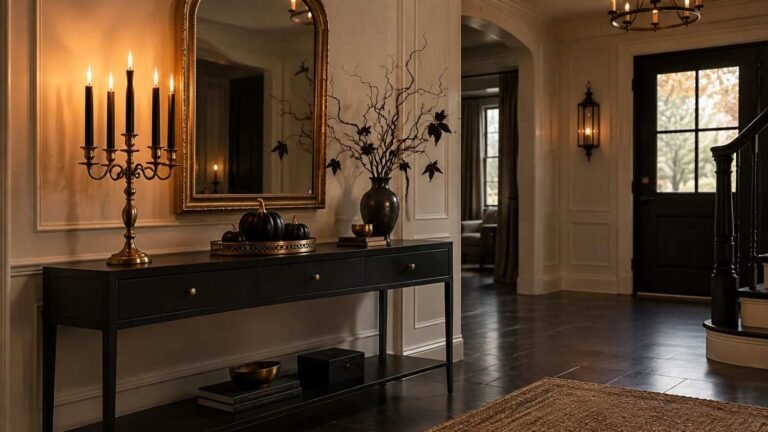 Elegant black and gold Halloween foyer with candelabra, gold mirror, and black pumpkins