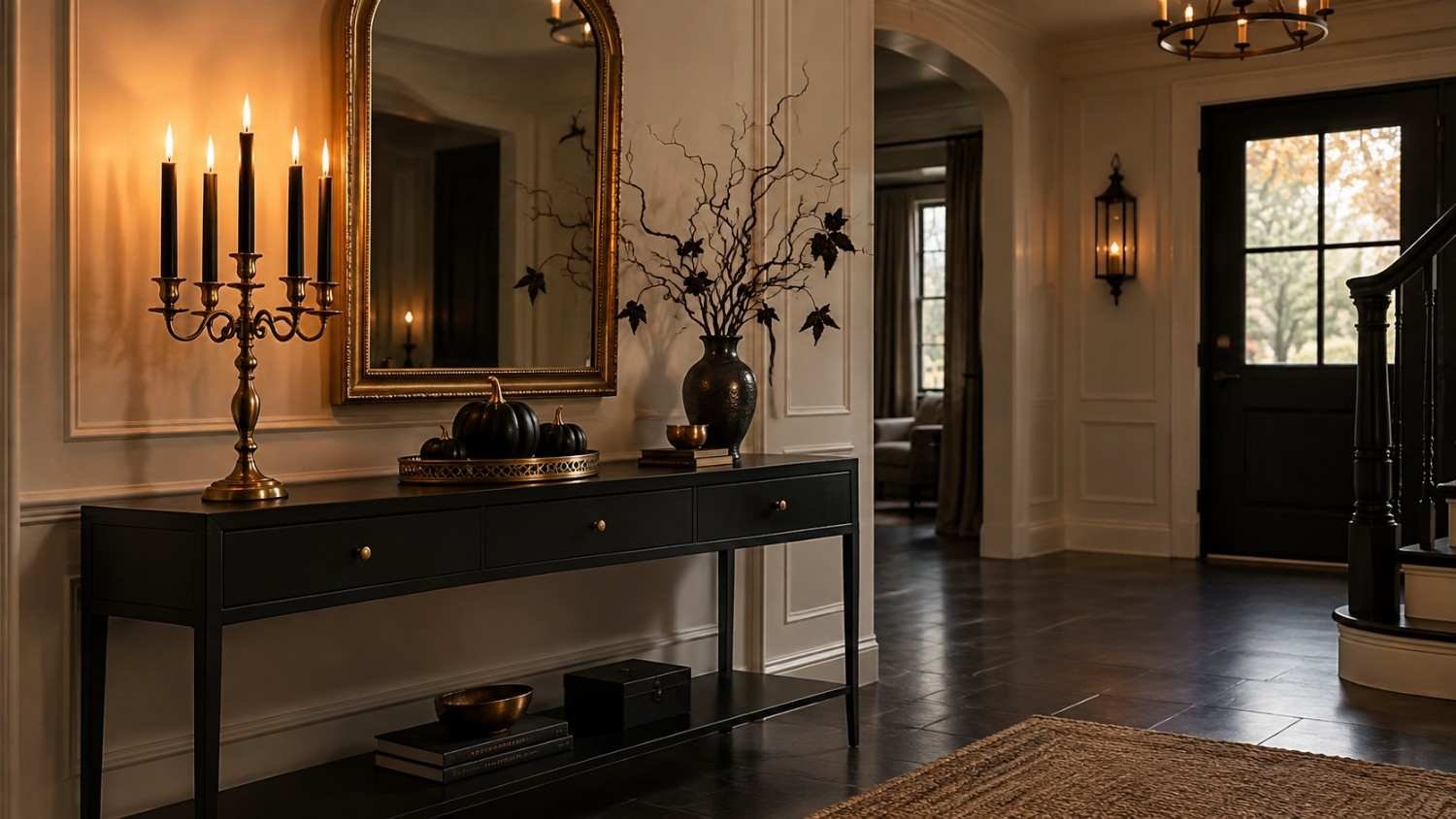 Elegant black and gold Halloween foyer with candelabra, gold mirror, and black pumpkins