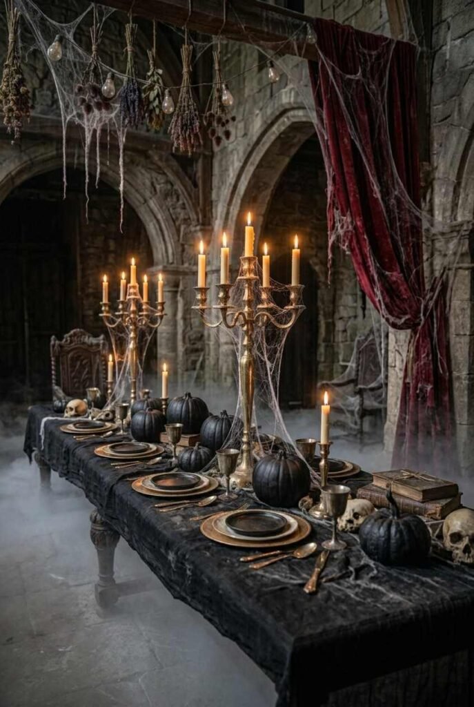 28 Spooky Halloween Theme Ideas to Make October 31 Unforgettable 20 Elegant black and gold spooky Halloween theme table with matte pumpkins and gold candlesticks.