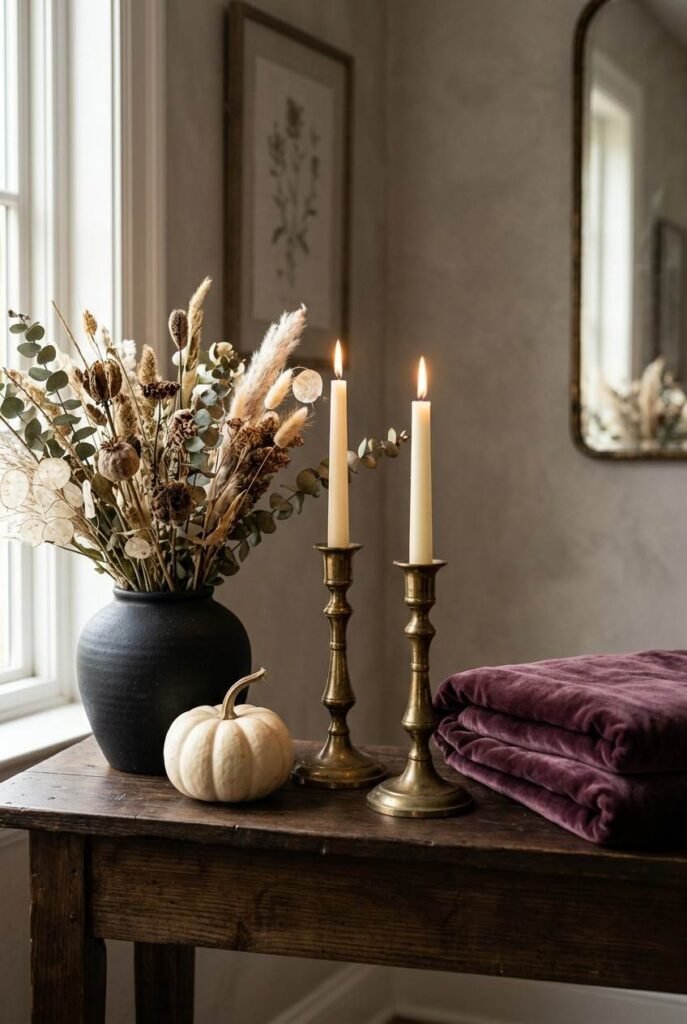 28 Classy Halloween Decor Ideas: Moody, Grown-Up for an Elegant, Stylish Home 2 Elegant Halloween decor vignette with brass candlesticks, dried stems, velvet and a white pumpkin