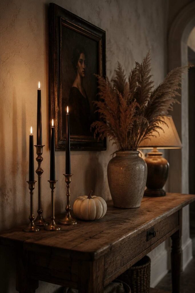 Entryway console styled with black tapers, a white pumpkin and dried grasses for an elegant Halloween look