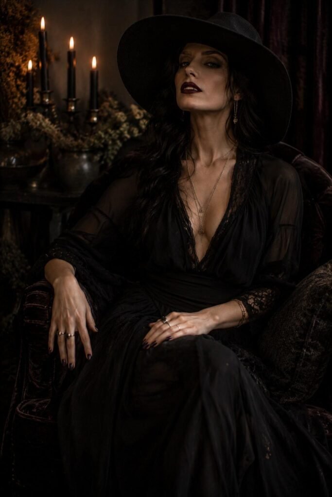 Elegant witch costume with black gown, wide-brimmed hat and silver jewelry