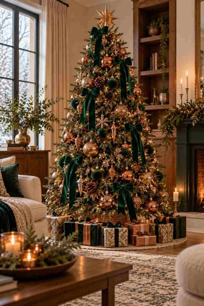 Emerald and copper Christmas tree with velvet bows.