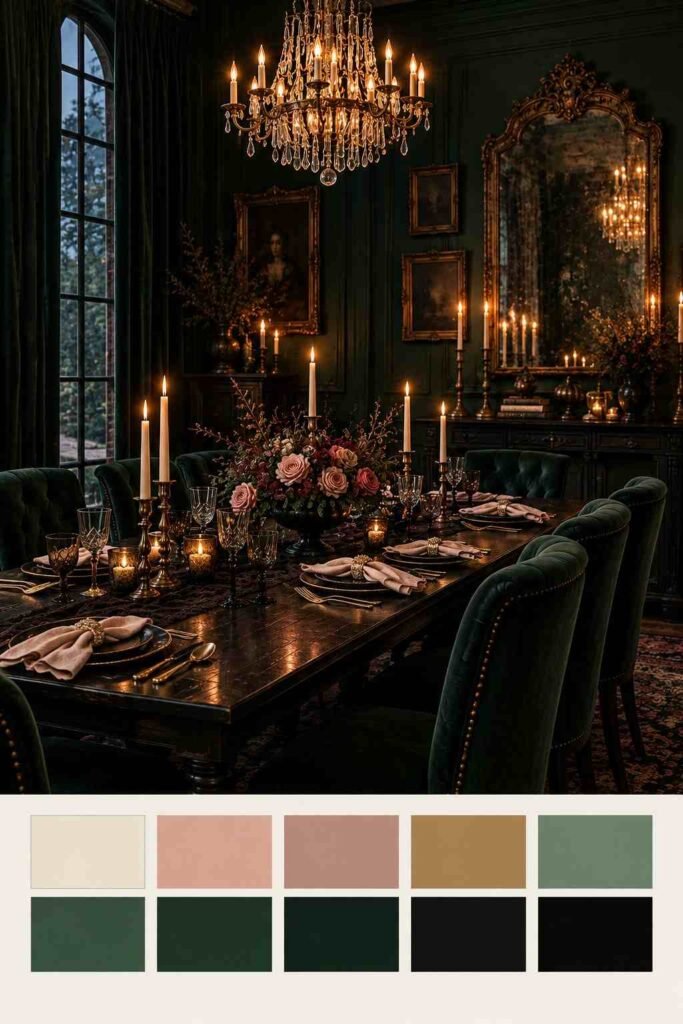 Luxury Halloween Dining Room Decor Ideas: 30 Ways to Style a Dark, Elegant Table 3 Emerald green Halloween dining room with aged gold frames and blush roses, shown with a ten-color palette strip