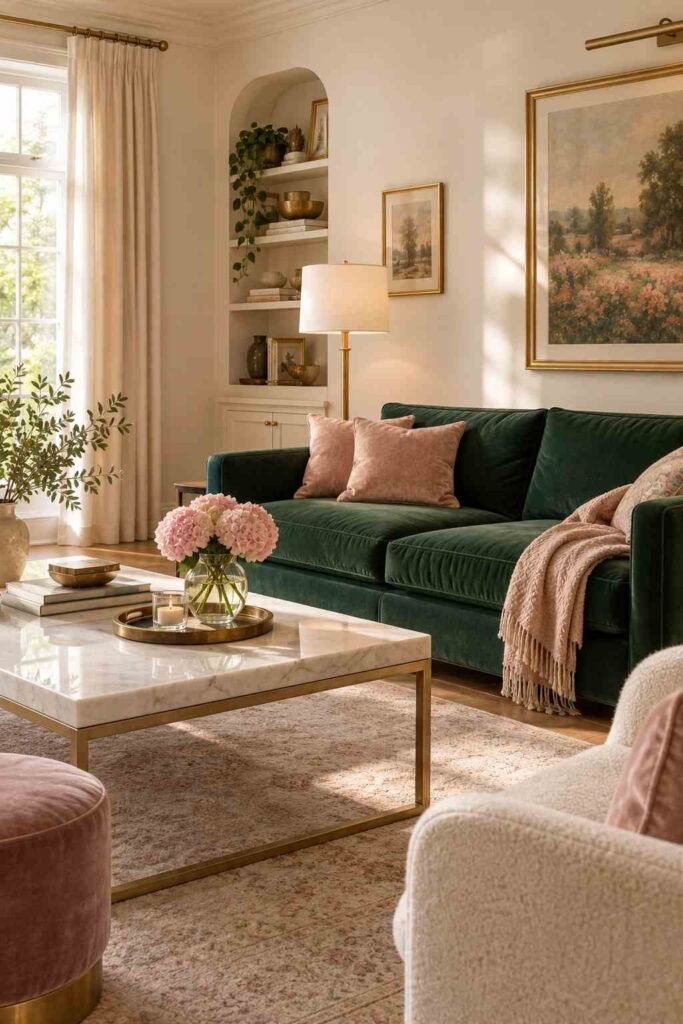 Emerald green velvet sofa with marble coffee table, gold accents and pink cushions