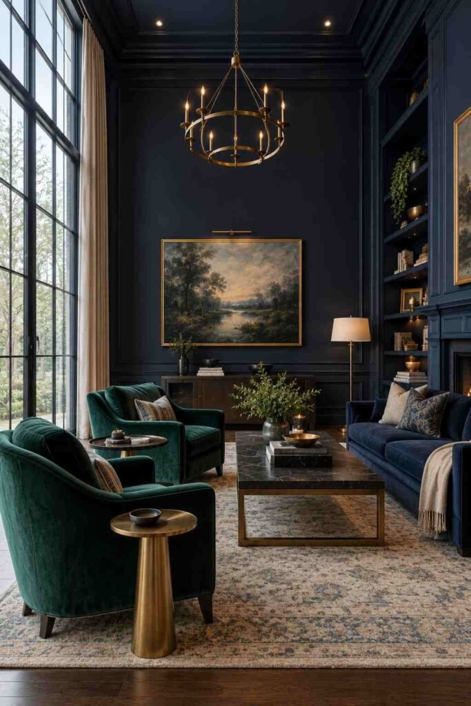 28 Dark Living Room Ideas for High Ceilings That Feel Rich, Not Gloomy (Paint, Lighting & Layout) 13 Emerald velvet armchairs in a dark navy living room