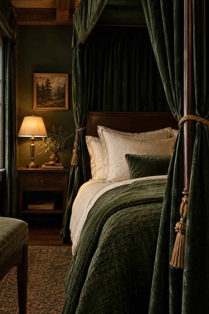 Emerald velvet canopy drapes tied back with gold cord on a dark wood bed