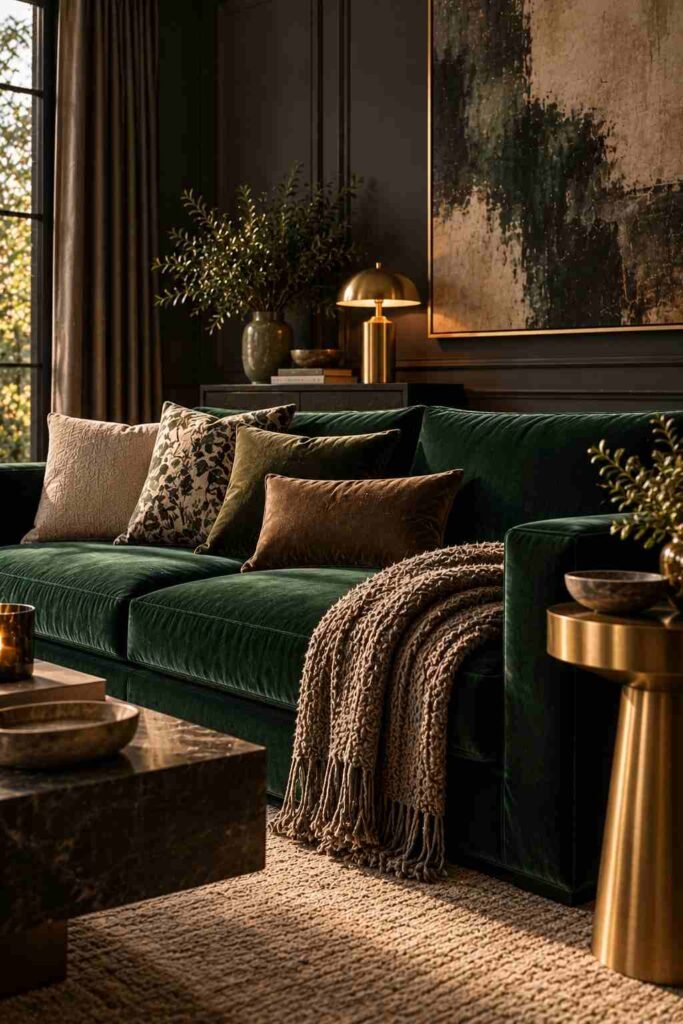 Emerald velvet sofa against charcoal walls in a dark luxury living room