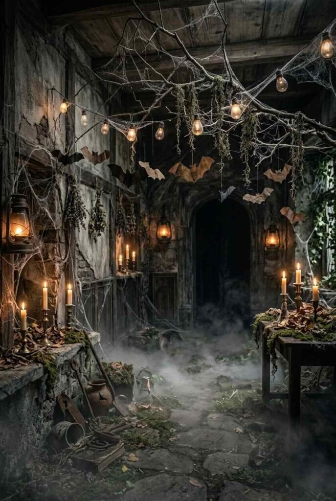 28 Spooky Halloween Theme Ideas to Make October 31 Unforgettable 11 Enchanted dark forest Halloween decor with bare branches, moss, string lights and paper bats.