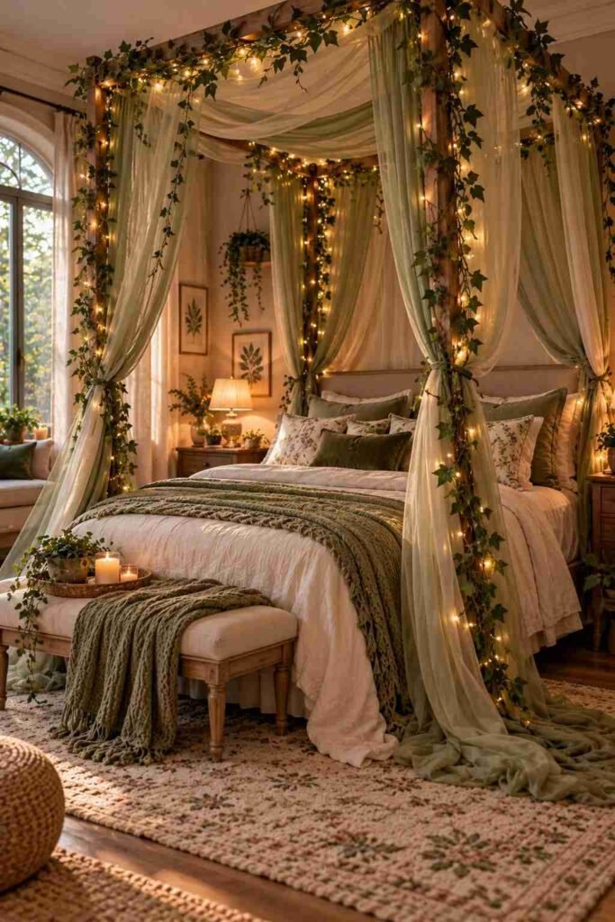 Enchanted forest canopy bed with green sheers, faux leaves and warm lights
