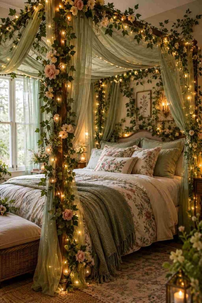 30 Canopy Bed Ideas for Princess Bedroom: Dreamy, Safe & Budget-Friendly 9 Garden-themed canopy bed with faux flowers, ivy, and LED fairy lights