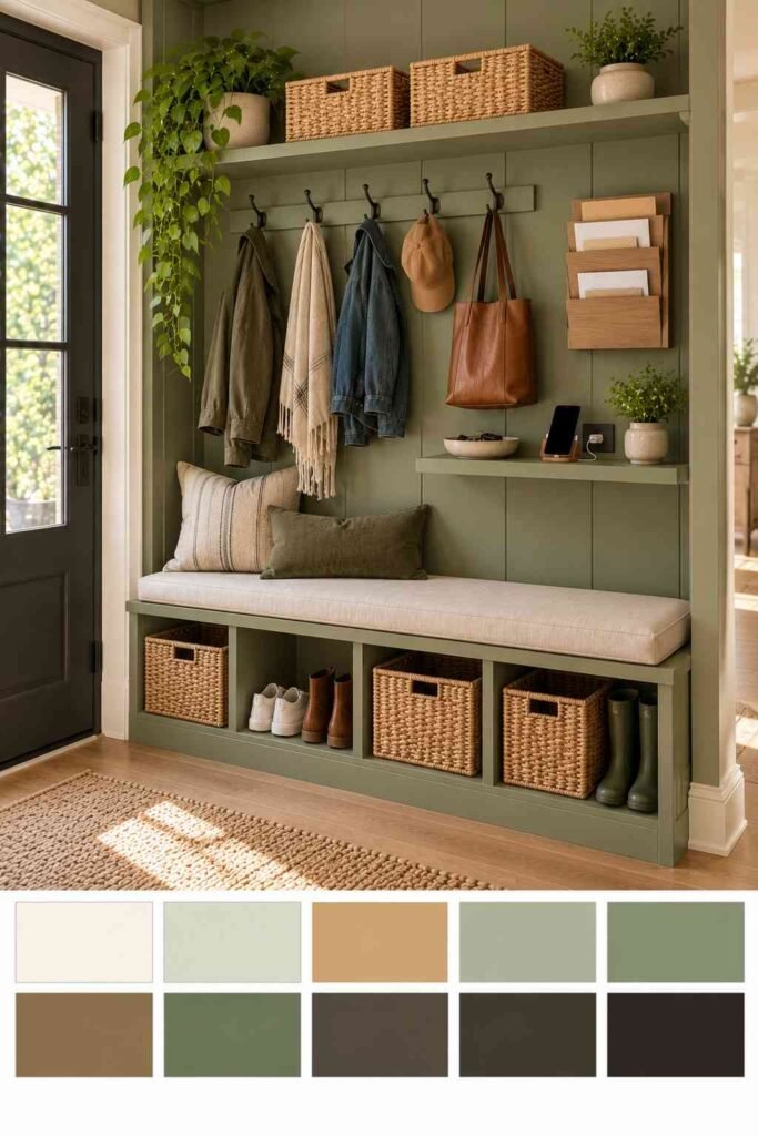 Sage green mudroom bench with cubbies and rattan baskets, with a 10-color palette strip below