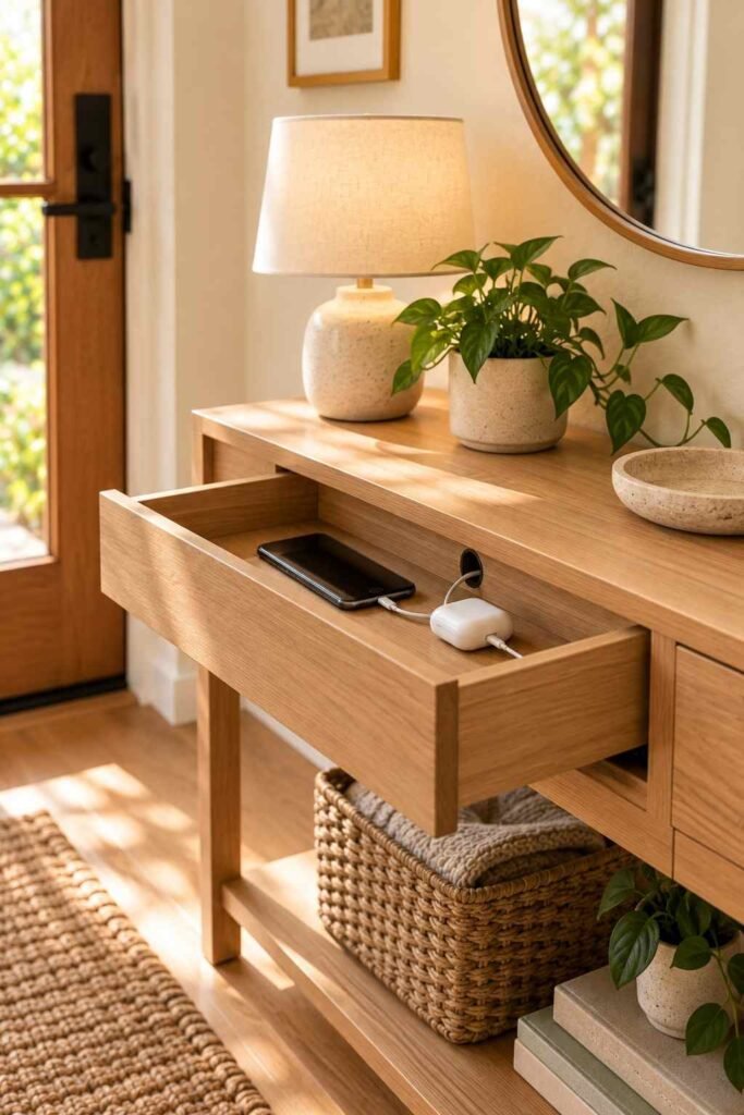 Open console drawer with a phone and earbuds charging, cables neatly routed inside.
