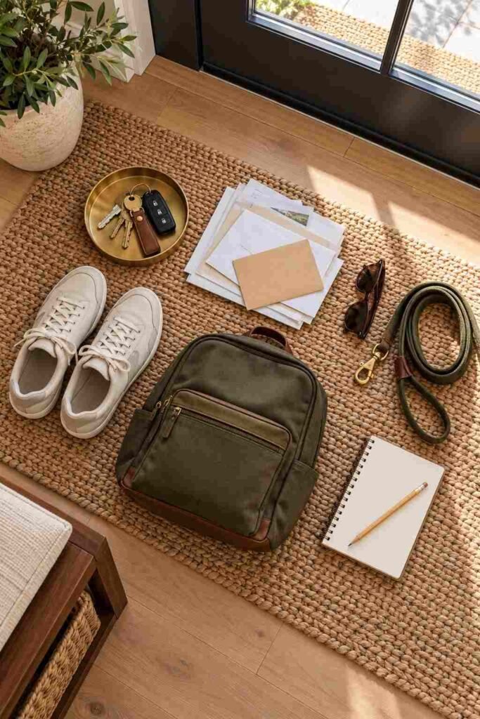 Flat-lay of keys, mail, shoes, bag and leash grouped by category to plan an entryway drop zone