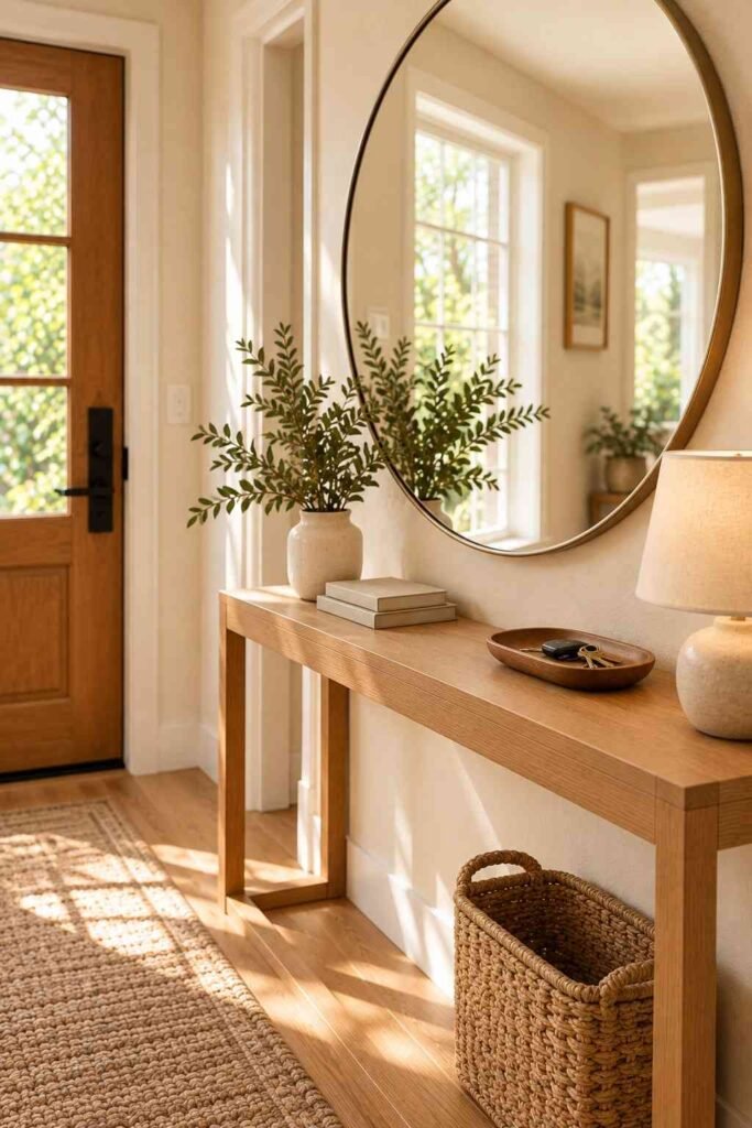 Large round mirror above a narrow console making a small entryway look wider.