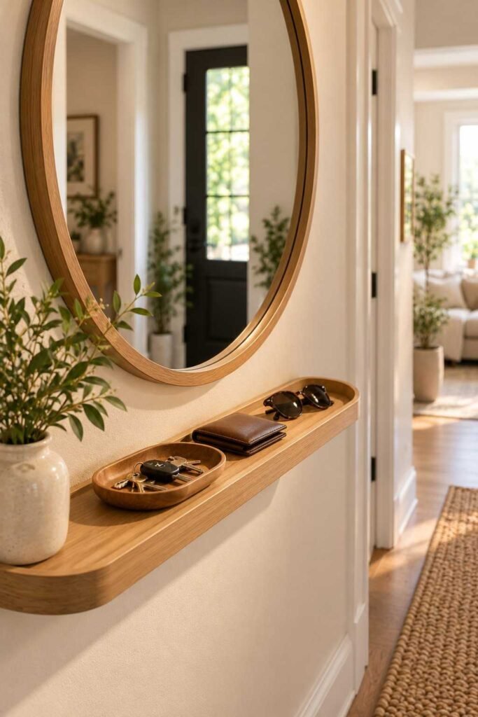Entryway mirror with a small shelf holding sunglasses, wallet and keys