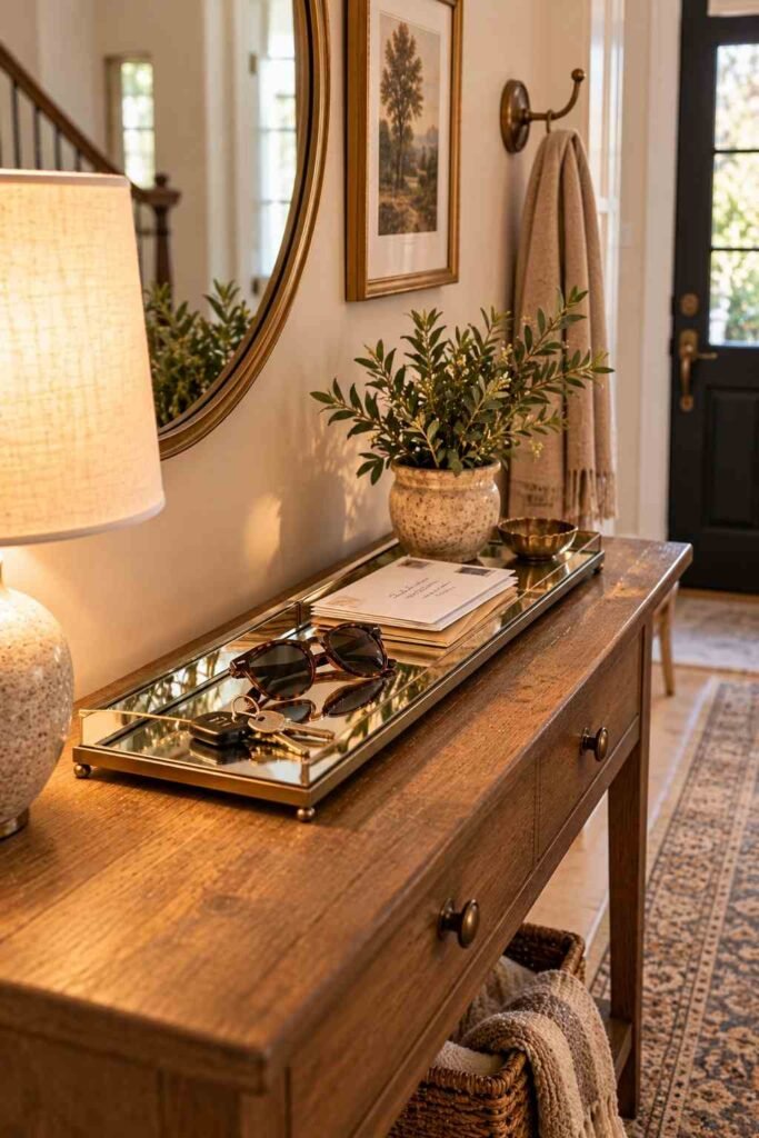 Narrow mirrored key tray holding keys and sunglasses on an entryway console.