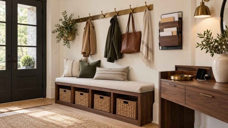 Entryway Organization Ideas Drop Zone, Warm entryway drop zone with walnut storage bench, brass hooks and key tray