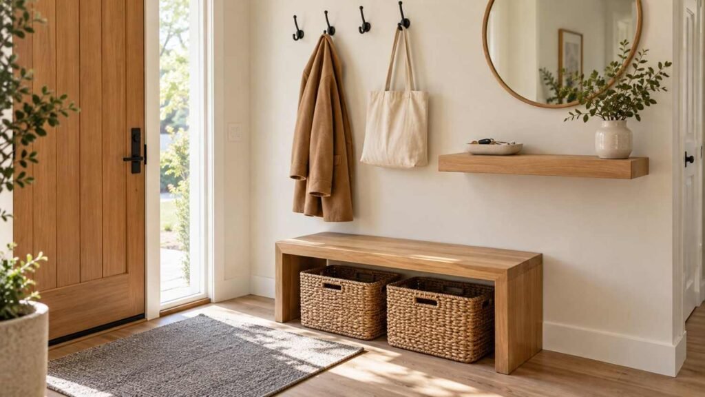 Bright entryway organization shortcuts with wall hooks, slim shelf and bench baskets