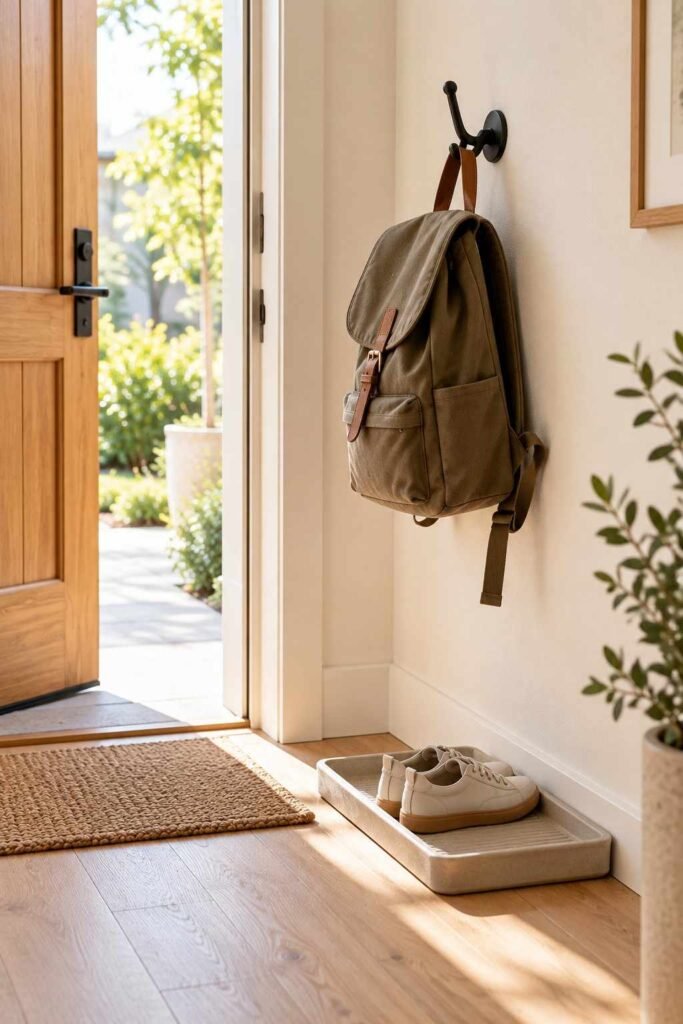 Backpack on a wall hook above a shoe tray, showing a simple entryway organization drop zone by the door.