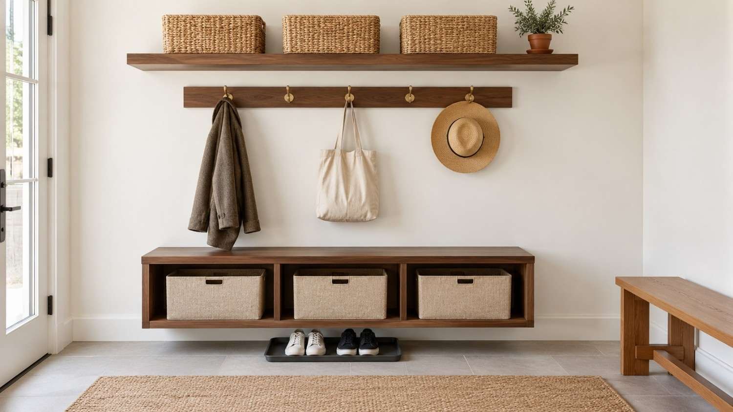 Bright mudroom-style entryway organization wall with brass hooks, walnut shelf and baskets