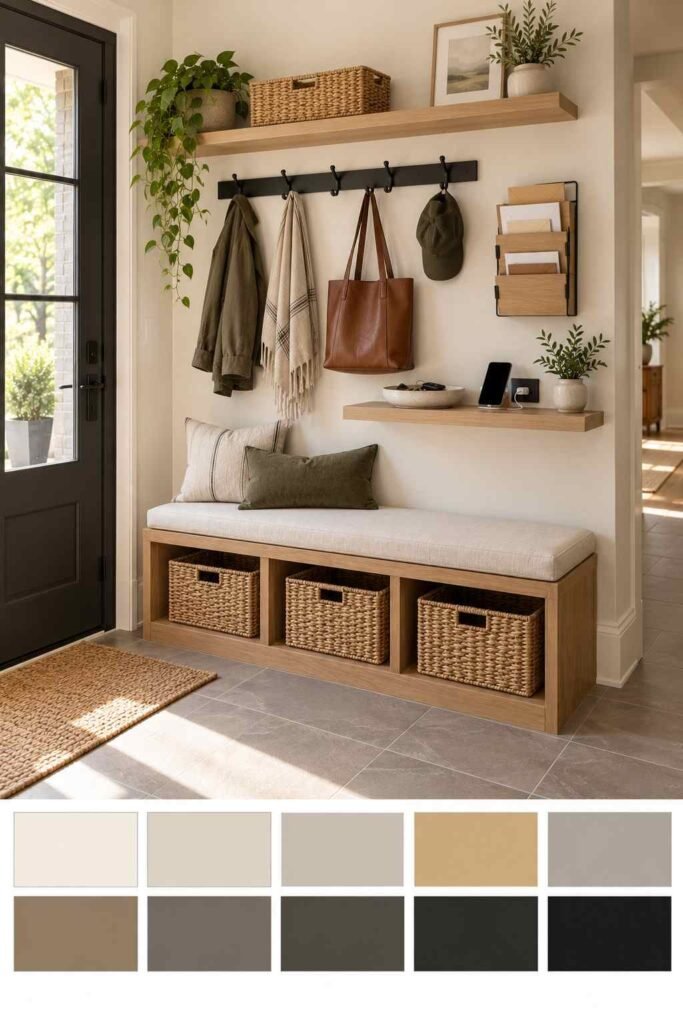 Modern minimal entryway wall with black hooks and blonde wood shelf, with a 10-color palette strip below
