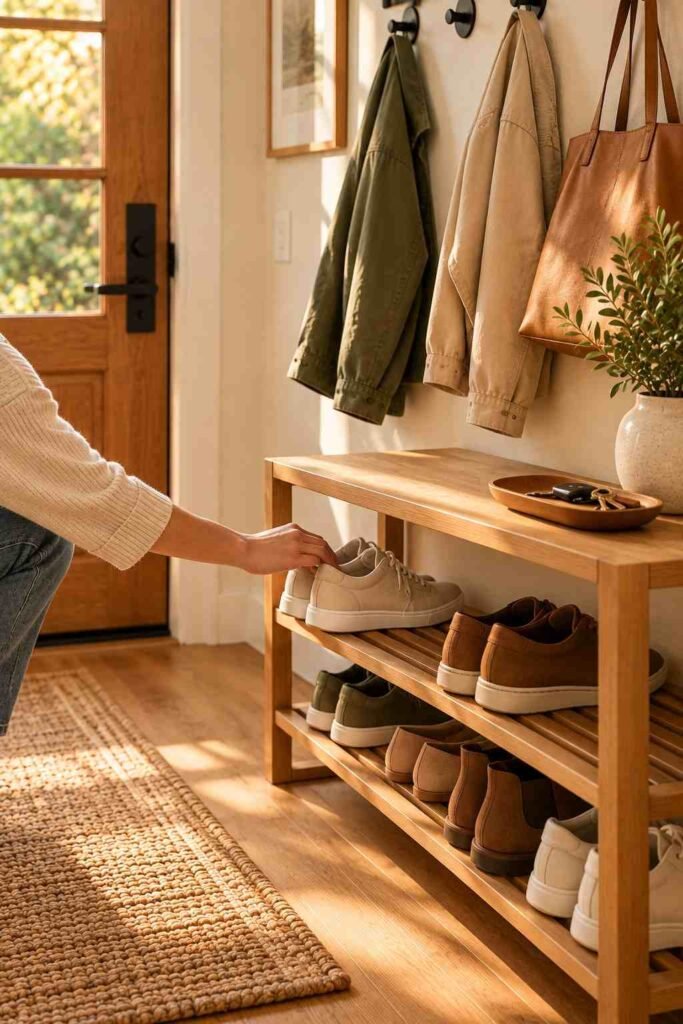 Hand returning shoes to a rack in a clean entryway as part of a daily entryway organization reset.