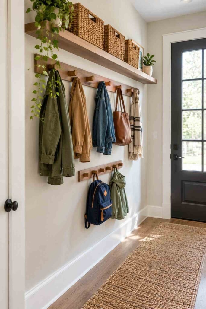 Wall hooks and floating shelves organizing coats in a narrow split-level entry