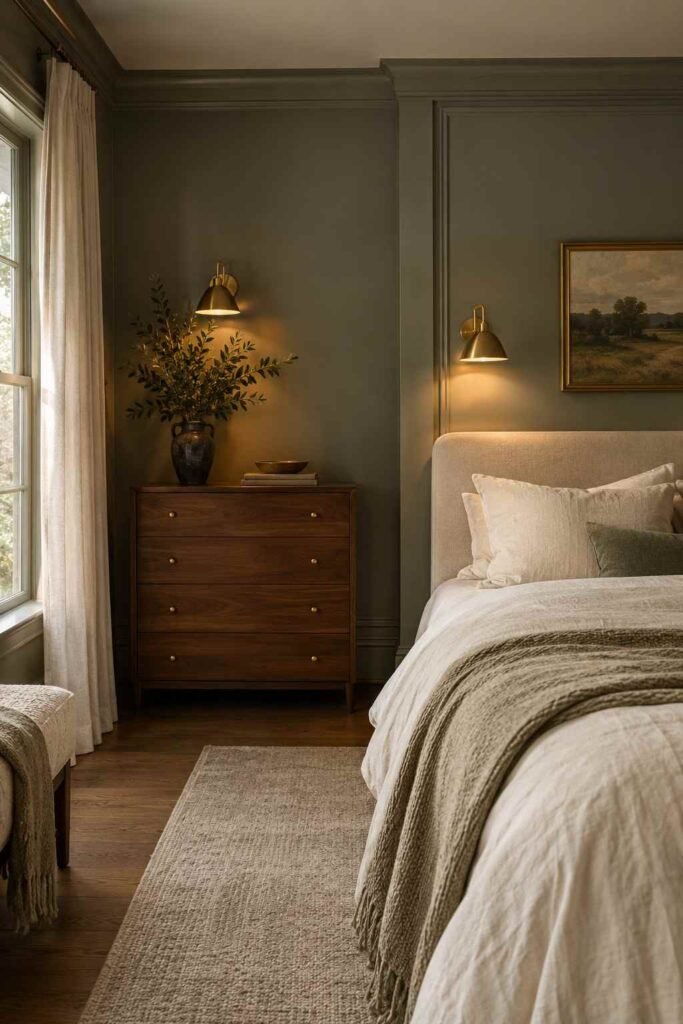 Smoky eucalyptus gray-green bedroom wall with brass sconces and cream bedding.