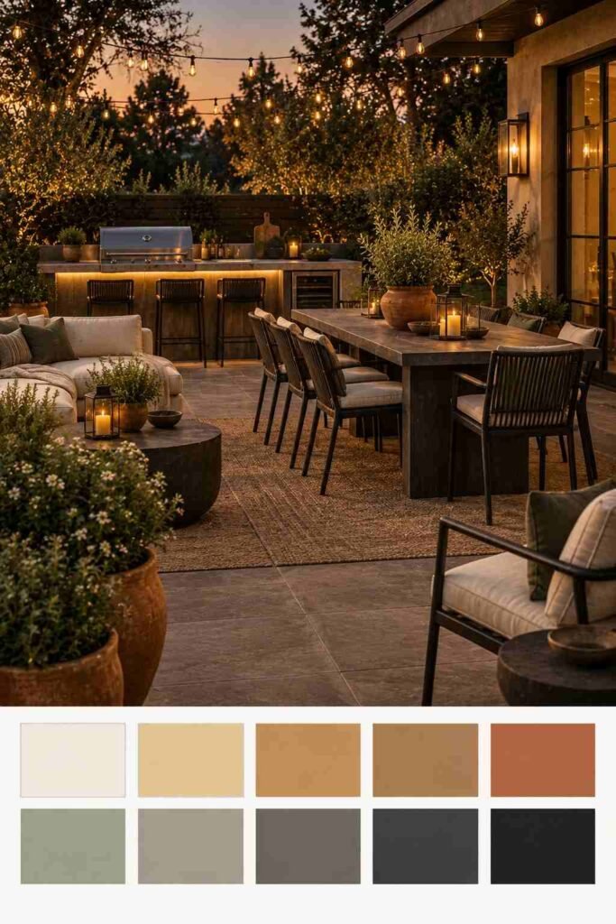 Evening grill patio with string lights and warm glow, shown with a 10-color palette strip below.