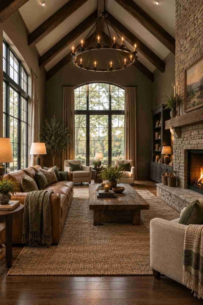 28 Dark Living Room Ideas for High Ceilings That Feel Rich, Not Gloomy (Paint, Lighting & Layout) 7 Vaulted living room with exposed dark beams and warm gray walls