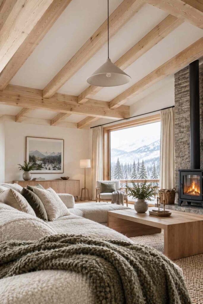 27 Scandinavian Mountain Interior Design Ideas: Ways to Create a Warm Nordic Cabin 4 Exposed timber ceiling beams in a Scandinavian mountain home living room