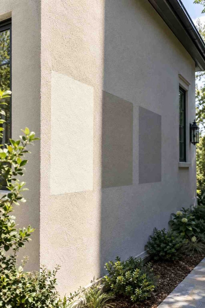 Large exterior paint test patches on a stucco wall shown in both sun and shade