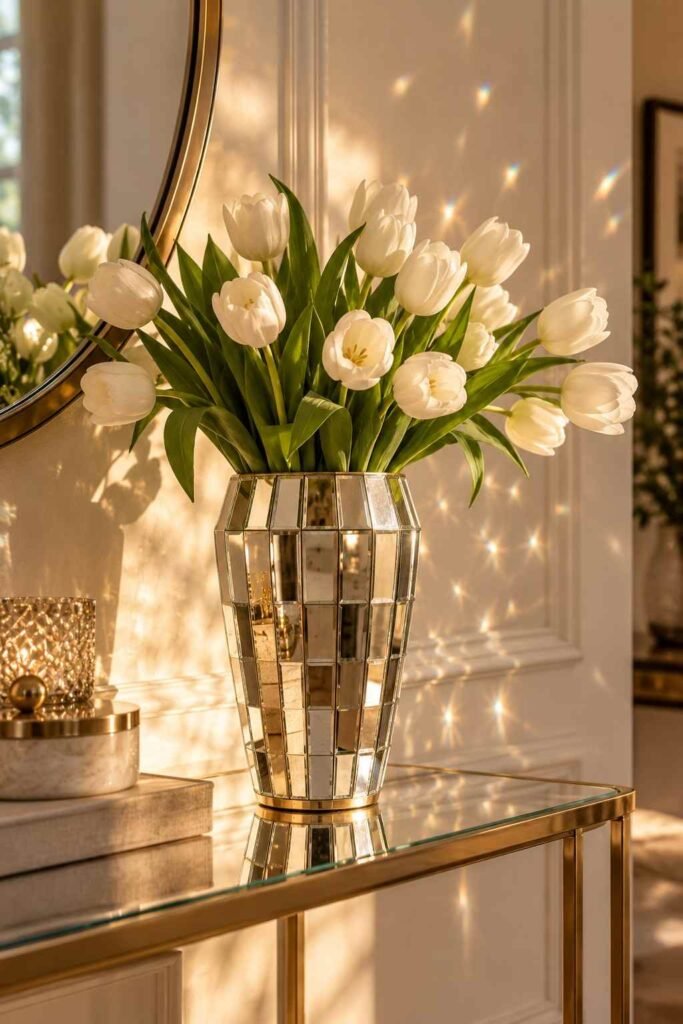 Faceted mirror vase with white tulips scattering light across a cream wall.
