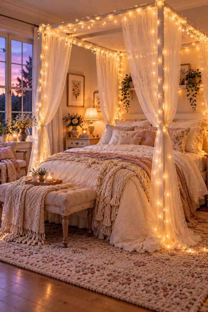 Simple canopy frame wrapped in warm LED fairy lights with sheer fabric