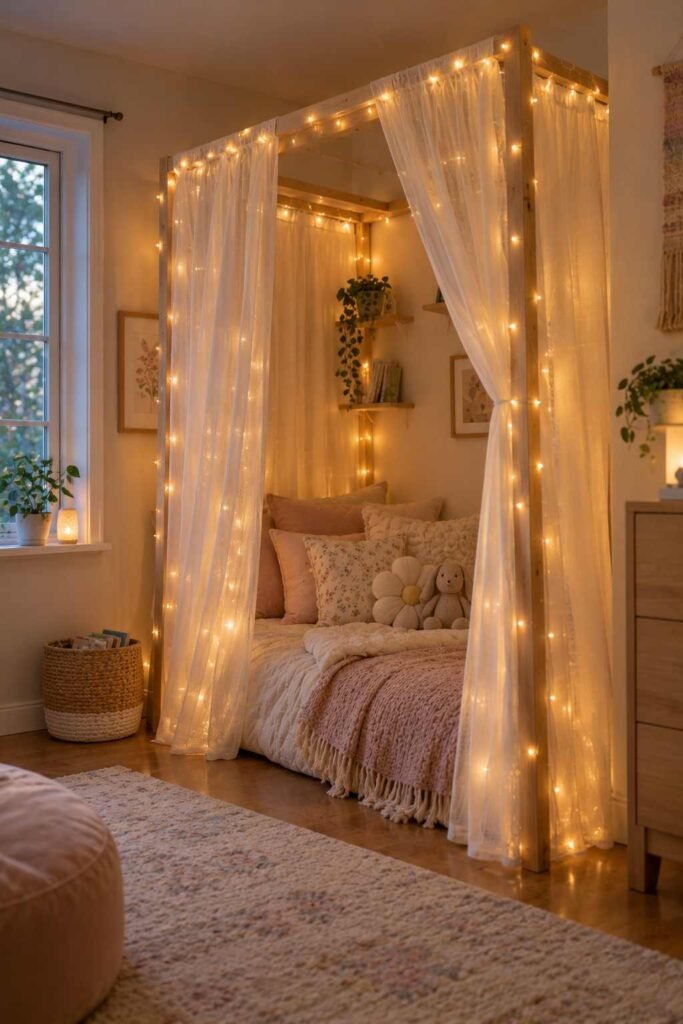 Sheer canopy frame with low-heat fairy lights over a child's bed.