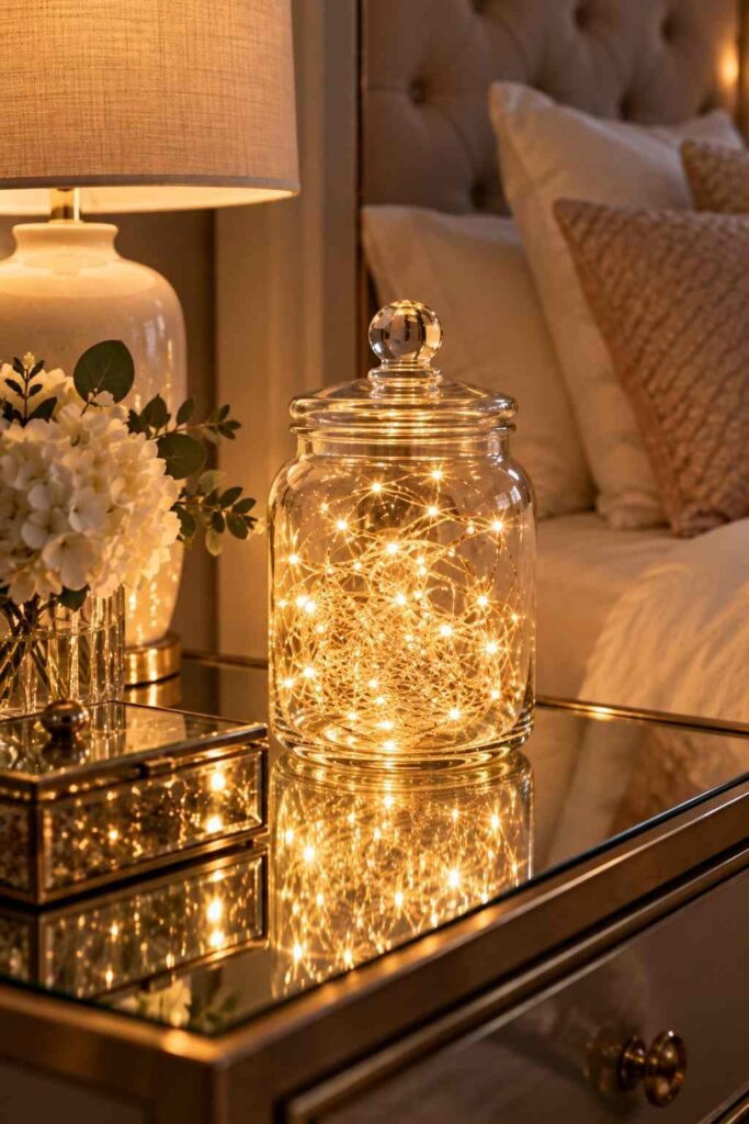 Fairy light jar glowing on a mirrored bedside table.