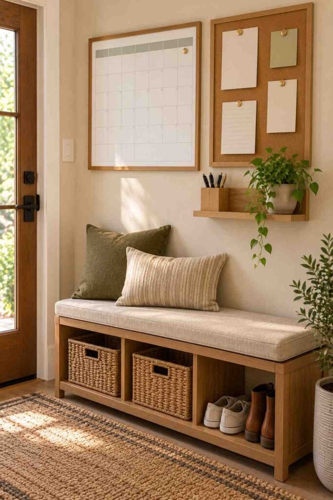 Family command center with calendar, corkboard and memo pad on an entryway wall