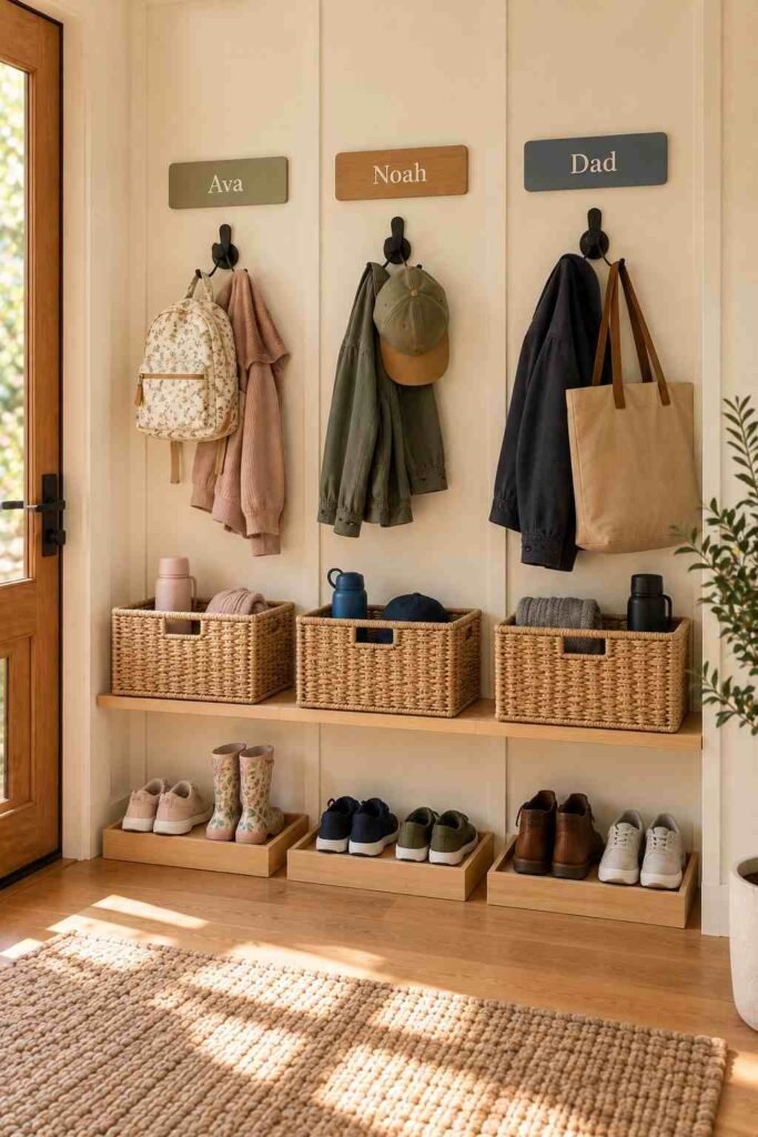 Family entry wall split into three labeled zones, each with a hook, basket and shoe spot.