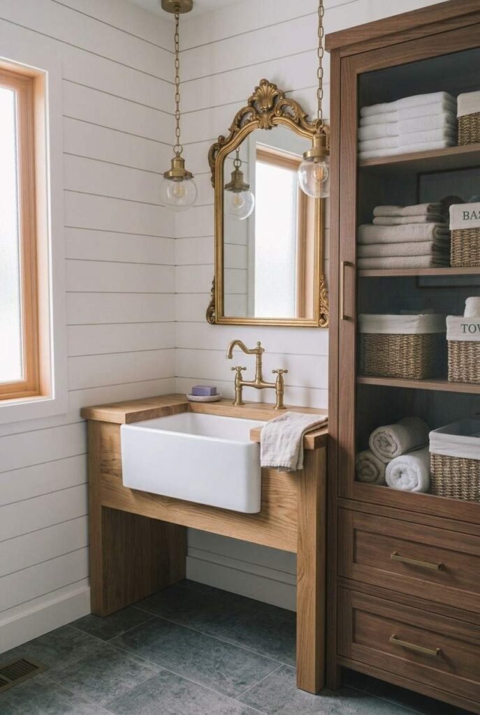 30 Bathroom Vanity Ideas: Single Sink for Small, Medium, and Large Spaces 16 Farmhouse apron-front single sink vanity with shiplap wall and bridge faucet