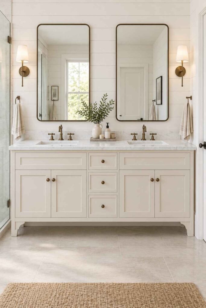 30 Bathroom Vanity Ideas For Double Sink Layouts for Every Style and Budget 8 Cream Shaker double vanity in a farmhouse bathroom with shiplap walls and bronze faucets.