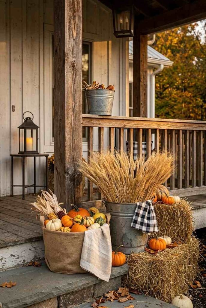 Farmhouse porch in golden light with burlap, wood, and small pumpkins in a basket.