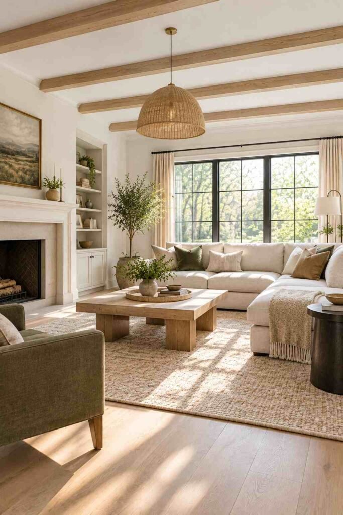 25 Stunning Home Remodeling Living Room Ideas to Refresh Your Space 13 Living room with light faux wood ceiling beams and a softly tinted pale blue ceiling.