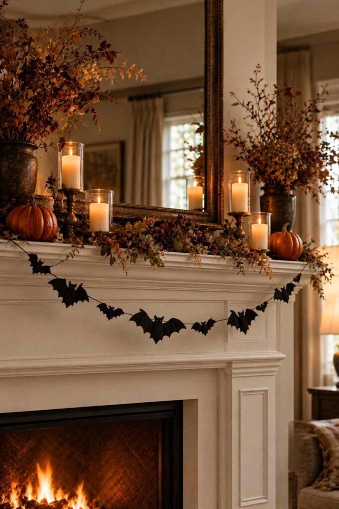 28 Halloween Mantel Decor Ideas: Spooky, Elegant and Family-Friendly Styles 18 Black felt bat garland hanging across a Halloween mantel.