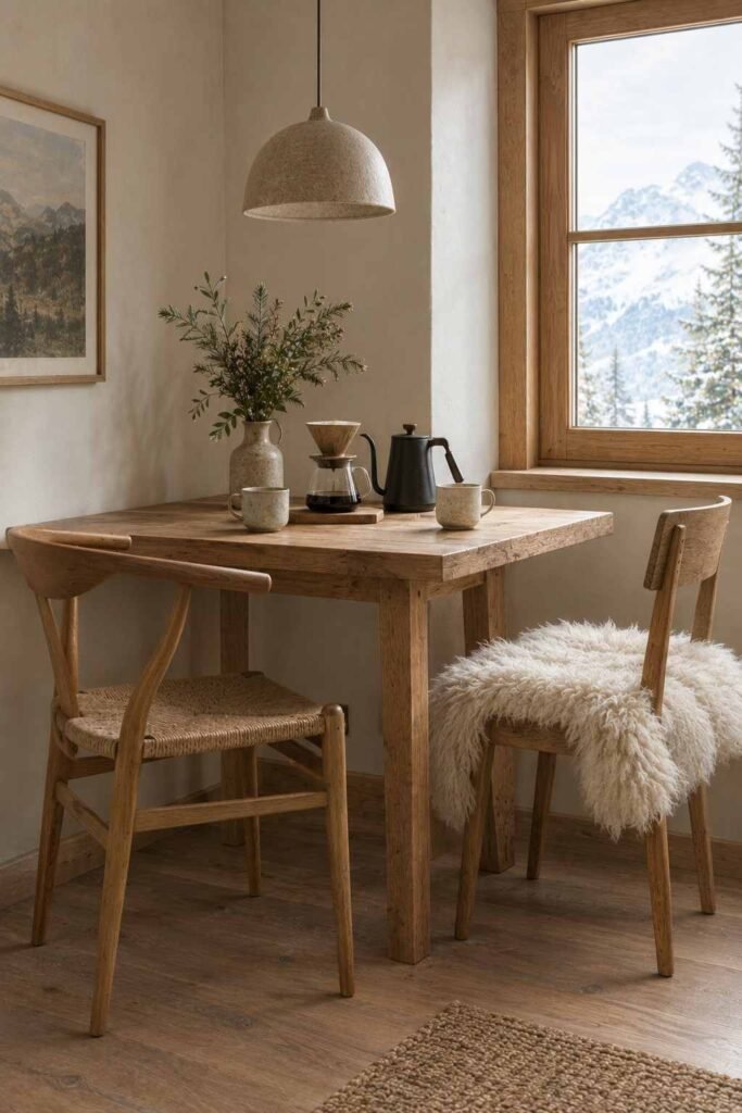 27 Scandinavian Mountain Interior Design Ideas: Ways to Create a Warm Nordic Cabin 14 Small fika coffee corner with kettle and ceramic cups in a Scandinavian cabin