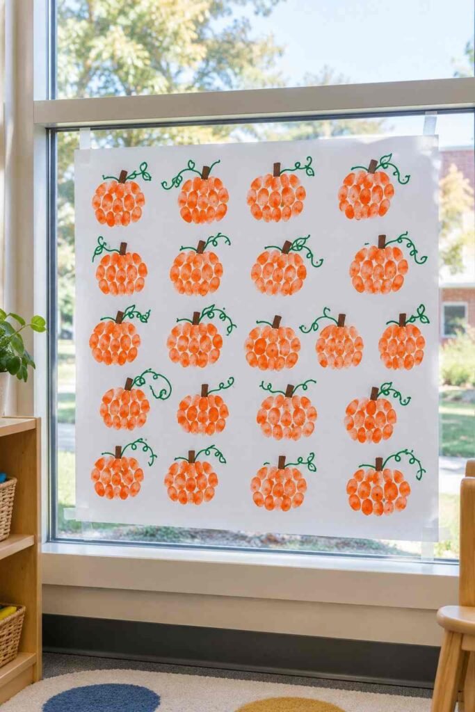 Rows of orange fingerprint pumpkins with green vines taped to a kindergarten window.