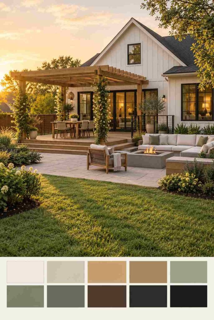 Finished backyard remodel with wood deck, pergola, and patio, with a color palette strip below