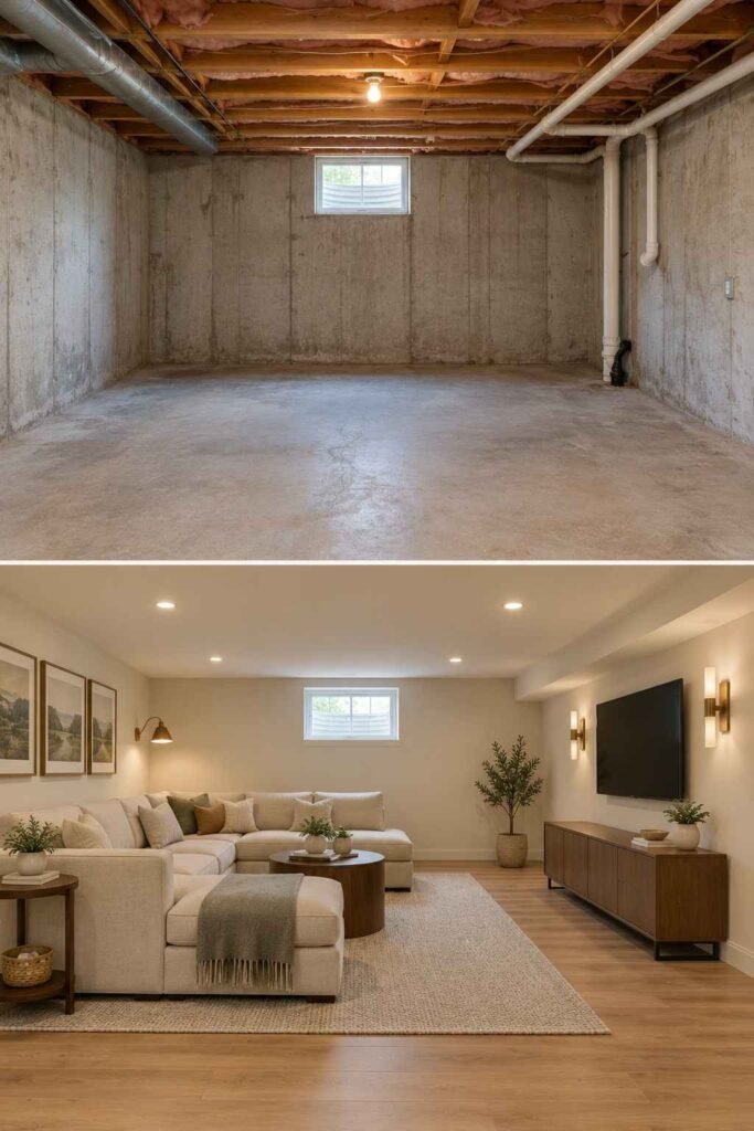 Home Remodeling Before and After: 28 Room-by-Room Transformations 18 Basement before and after finishing, from bare concrete to a warm family room.